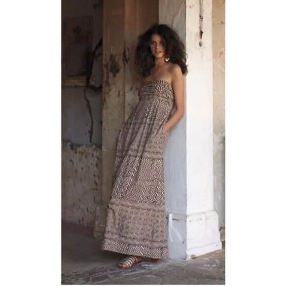 Anthropologie Edme & Esyllte Dress Women 0 Ivory Brown Strapless Hypnotic Maxi - Picture 1 of 14